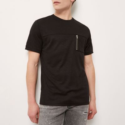 Black crew neck zip pocket T-shirt